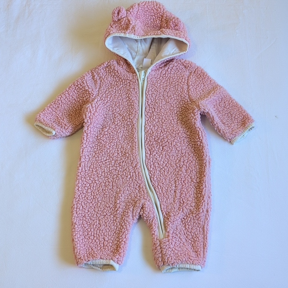 Joe Fresh Pink Sherpa Fleece Bear Pram Bunting Suit Hooded Jacket Baby Girl 3-6M